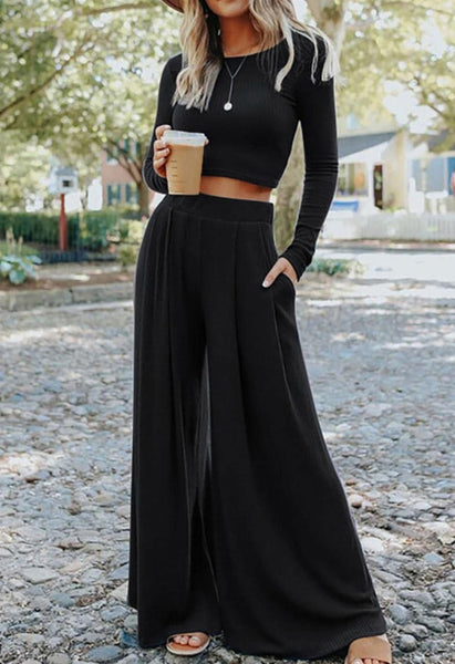 2 Piece- Crop Top Ribbed Longsleeve Top + flare bottoms-Black