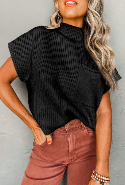 Knit Short Sleeve Sweater with Pocket- Black