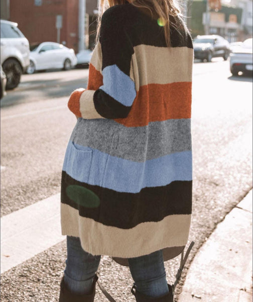 Knitted Cardigan with Pockets- Multicolored Striped