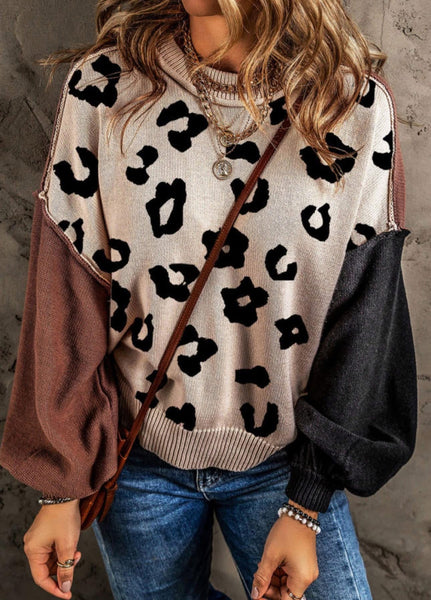 Leopard Print Color Block Sweater- Brown/Black/Cream